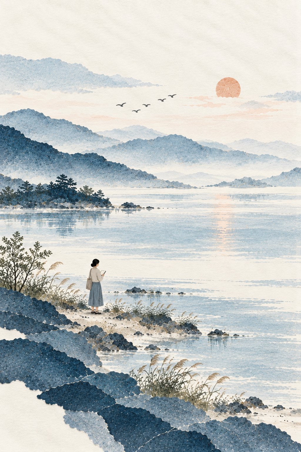Illustration of a woman holding a notebook on a reedy lakeshore, facing layered indigo hills and a low coral sun, with birds overhead.