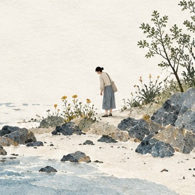 Detail: a small figure on the shore bends towards yellow flowers beneath a tree.