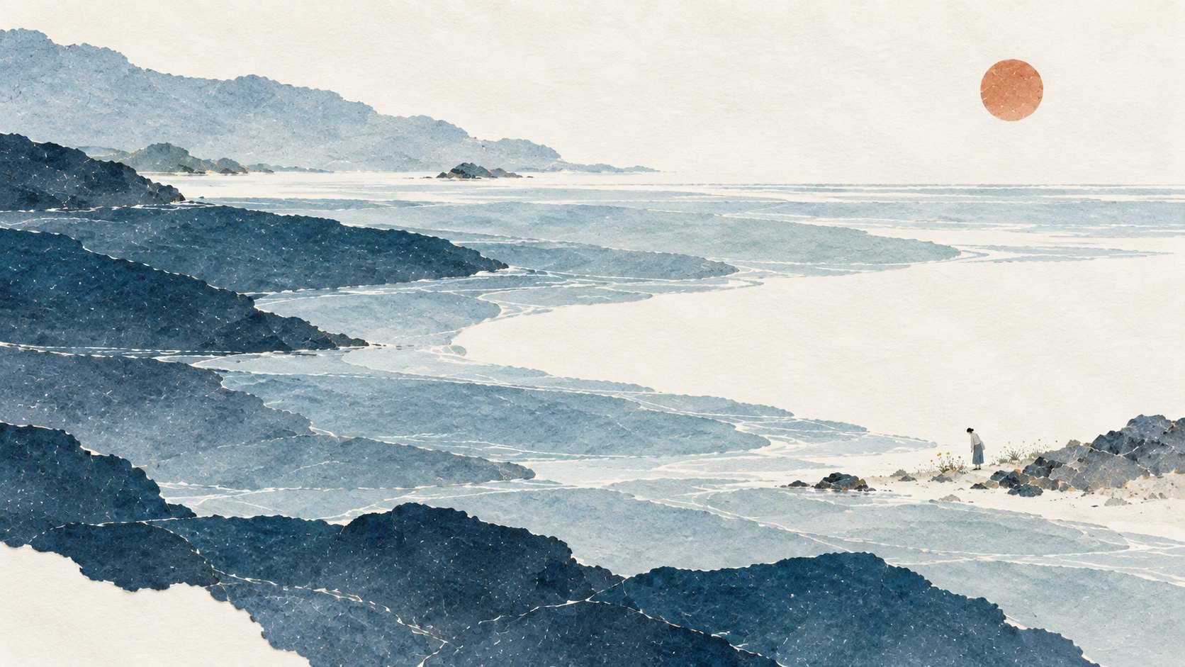 Torn-paper landscape: misty indigo hills curve around pale water under a wide sky and a small red sun; a tiny figure stands on the far shore.