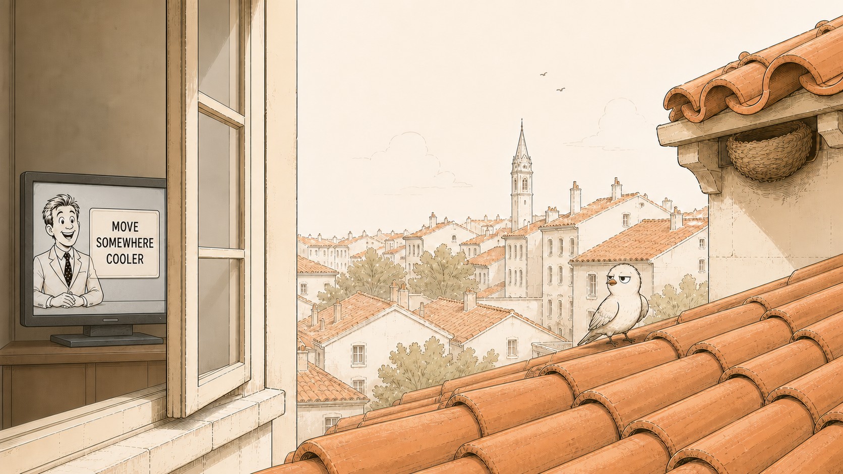 Illustrated swift on a hot tiled roof beside an open window and television