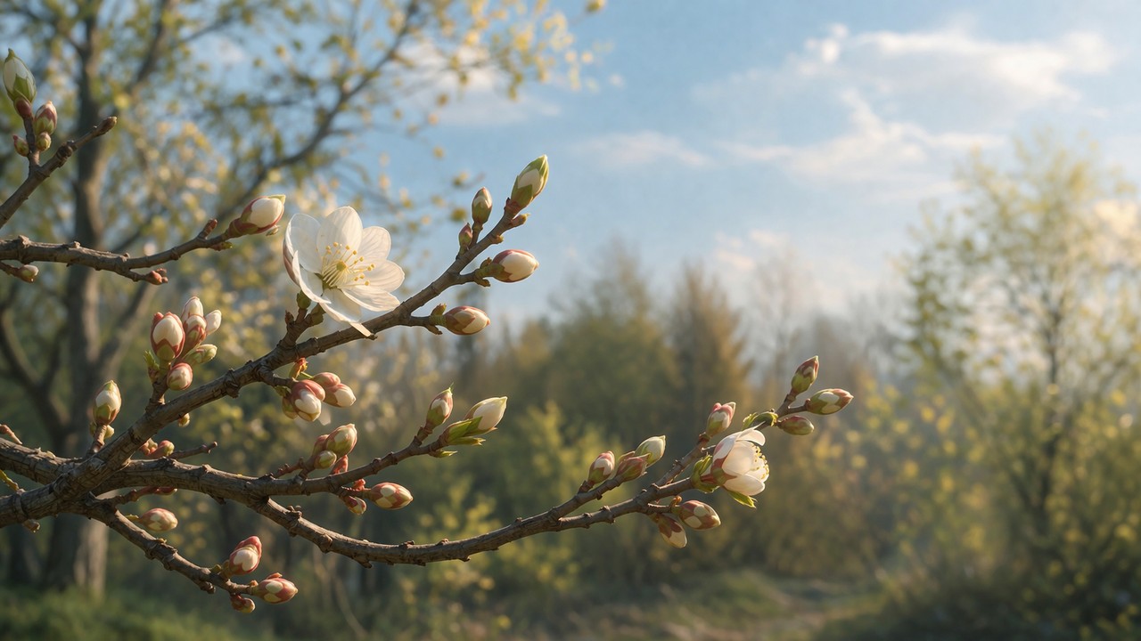 White spring blossom opening on a sunlit branch